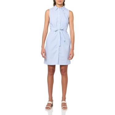 Imagem de Tommy Hilfiger Minivestido feminino sem mangas com colarinho e botão na frente e cintura, Branco brilhante/azul francês, 48