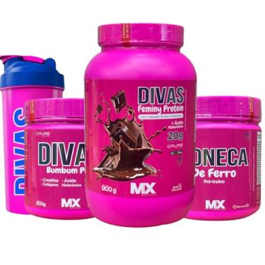 Imagem de Divas Turbo Kit: Feminy Protein Chocolate 900g + Bumbum Plus 300g + Boneca de Ferro 300g + Coqueteleira