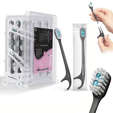 Imagem de Escovas de dentes descartáveis 5 em 1 com pasta de dente – Mini escovas de dentes de viagem embaladas individualmente com pasta de dente pré-colada, contas de enxaguante bucal, fio dental e raspador