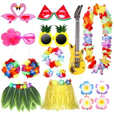 Imagem de VioraWhite 19 Peças Decorações Para Festa Havaiana Luau De Verão Cabine Fotos Acessórios Suprimentos Leis Hula Saia Grama Pulseiras Óculos Decoração Guitarra Inflável Praia Tropical