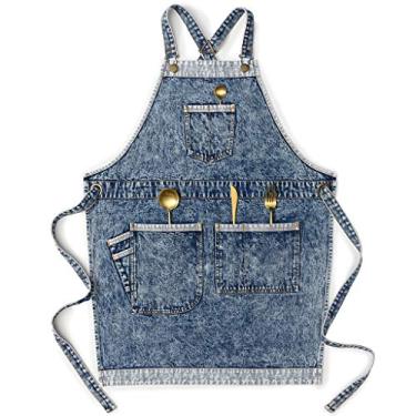 Imagem de Jeanerlor – Avental feminino de trabalho em brim com bolsos convenientes – avental jeans para tiras cruzadas de cabeleireiro e ajustável P a M (azul denim)