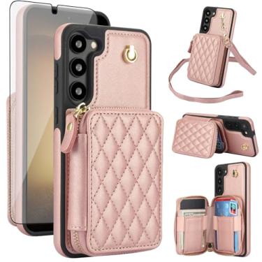 Imagem de Capa de celular para Samsung Galaxy S23 Plus S23+ 5G capa carteira celular com protetor de tela de vidro temperado, alça de pulso, bloqueio de RFID, suporte para cartão TPU S23plus 23S + S 23 23+