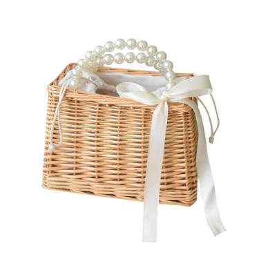 Imagem de SHAREYOIU Bolsa de pérola vintage feita à mão com ombros de vime, bolsas de tecido estilo praia bolsas de palha, C