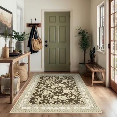 Imagem de Tapetes de área com estampa floral marrom para quarto, sala de estar, boho, casa de fazenda, rústico, sala de jantar, tapetes macios laváveis e antiderrapantes para berçário, sala de jogos, 10 x 15 cm