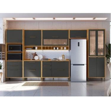 Imagem de Cozinha Modulada Completa 7 Peças 14 Pts e Vidro Reflecta 429cm 100% MDF Vicenza Espresso Móveis Amêndoa/Cinza