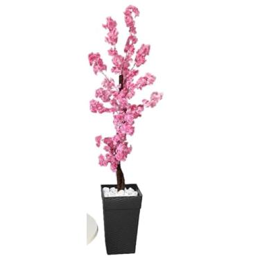 Imagem de Cerejeira Artificial Rosa Flor Pessegueiro Vaso Decoração(Rattan Preto)
