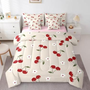 Imagem de Erosebridal Jogo de cama solteiro com estampa kawaii de cereja vermelha, 7 peças, para crianças, meninos e meninas, conjunto de edredom com estampa de flores bege, verão, cereja, frutas, decoração de