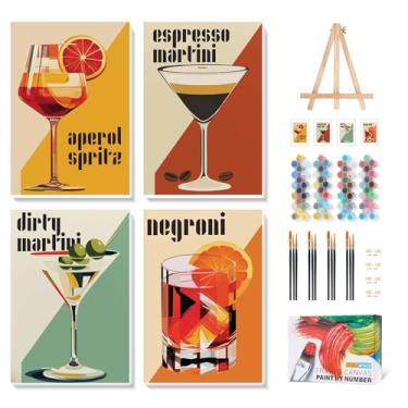 Imagem de Kit de pintura emoldurada por números com 4 unidades para adultos iniciantes com cavalete de madeira, tinta de coquetel por números com moldura, kits de pintura de coquetel adulto por números em tela