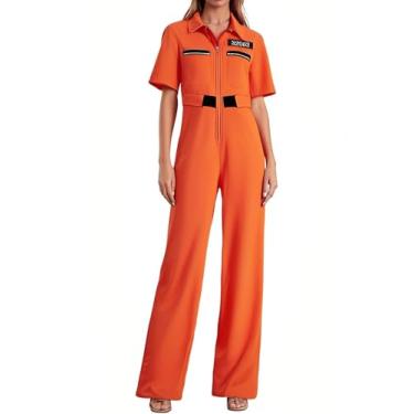 Imagem de Springcmy Macacão masculino feminino laranja prisioneiro fantasia de prisão dramatização festa zíper cosplay Halloween prisioneiro fantasia de prisioneiro, Laranja C feminino, M