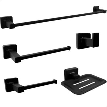 Imagem de Dona D Cor, Kit Acessorios Preto Fosco 5 Peças Suporte Banheiro Quadrado Toalheiro Reto Porta Toalha 60cm Saboneteira Papeleira