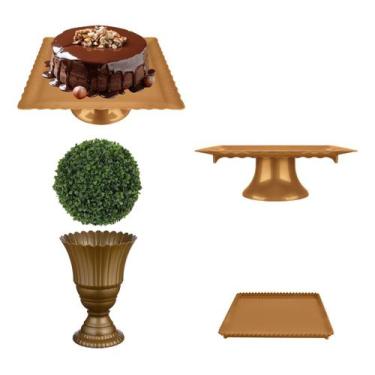Imagem de Kit Festa: Boleira, Bandeja E Vaso Para Decoração - MAGNO, Dourado
