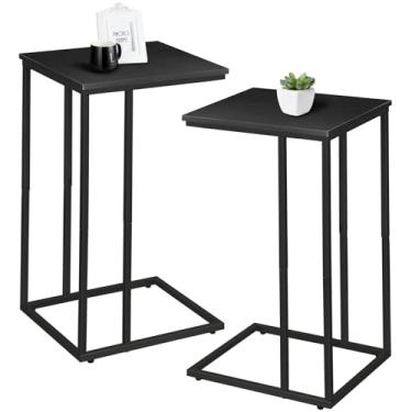 Imagem de Conjunto de 2 mesas laterais em forma de C, mesa de sofá skinny para sofá e cama, mesas de sofá que deslizam para baixo, mesas de canto pequenas para sala de estar, quarto ou espaços pequenos, preto