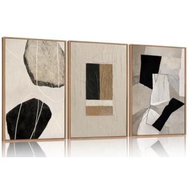 Imagem de FWIEXA Conjunto de 3 arte de parede abstrata neutra grande, pinturas em tela modernas emolduradas para sala de estar, bege preto e branco, imagens de 61 x 91 cm, decoração de parede para quarto