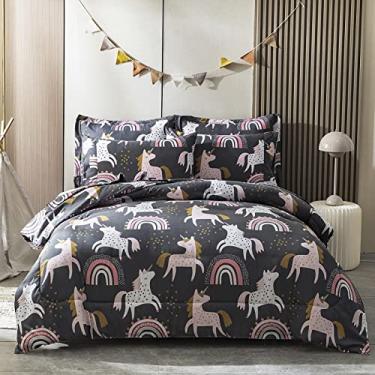 Imagem de HollyHOME Conjunto de edredom de microfibra macia unicórnio e arco-íris para adolescentes e meninas, conjunto de cama de 7 peças em um saco, tamanho completo / queen