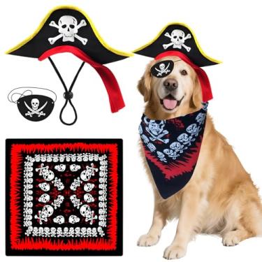 Imagem de Conjunto 3 em 1 de fantasia de pirata de Halloween para cães estilo piratas do Caribe inclui bandana de caveira/chapéu de pirata/remendo de olho de gato, cosplay, festa de Halloween, presente