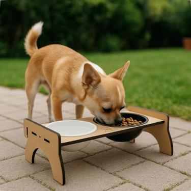 Imagem de Comedouro Pet Elevado Duplo Ideal Para Cães e Gatos Com Material Premium MDF Com 2 Potes Plásticos