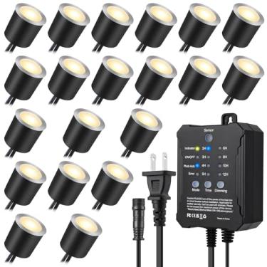 Imagem de SMY Lighting Luzes de LED reguláveis para deck com temporizador, sensor de fotocélula e revestimento protetor φ32 mm, pacote com 20 iluminação LED inteligente IP67 à prova d'água para jardim, escada