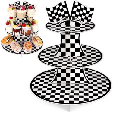 Imagem de Suporte redondo de papelão para cupcake de carro de corrida de 3 camadas, suporte de cupcake xadrez preto e branco, tema de carro, torre para exibição de sobremesa, para carros de corrida, hot wheels