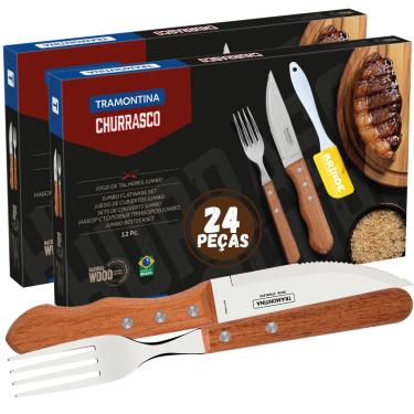 Imagem de Faqueiro Jumbo Para Churrasco Com 24 Peças Inox e Cabos de Madeira Natural Talheres Especiais #dsb