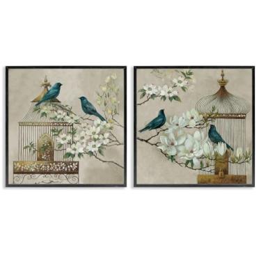 Imagem de Stupell Industries Conjunto de arte giclée emoldurado preto Spring Bluebirds Menagerie 2 peças por Elaine Vollherbst, 12 x 12