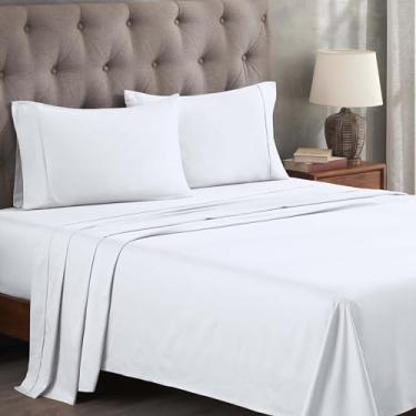 Imagem de Superior Jogo de lençol de cama de algodão egípcio 400 fios, 1 lençol com elástico alto, 1 lençol de cima, 1 fronha, roupa de cama macia, lençóis de luxo, tecido acetinado, tamanho solteiro, branco