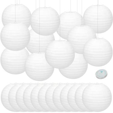 Imagem de 24 pacotes de lanternas de papel branco chinesas japonesas de 20 cm lâmpadas de papel penduradas redondas com linha de pesca transparente decoração de mesa de centro de mesa DIY para festa de