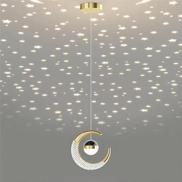 Imagem de Lustre de cabeceira estrela em forma de lua de 19 cm, luminária pendente de acrílico, lustre de LED moderno para quarto, sala de estar - conjunto de 2 peças, luz quente dourada