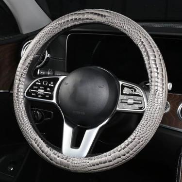 Imagem de Capa de volante de carro de couro brilhante com textura de crocodilo de luxo, nova capa universal de volante de veículo de 38 cm para carros, caminhões, SUVs, acessórios interiores de picapes (cinza)