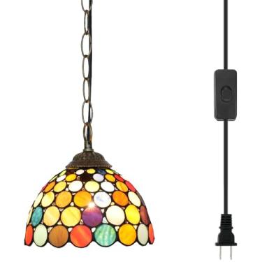 Imagem de Blivuself Tiffany Luminárias Pendentes Plug In Lâmpada Pendurada Vitral Multicolorido Cozinha Ilha Luz para Decoração de Casa Sala de Jantar Sala de Estar Estudo Corredor