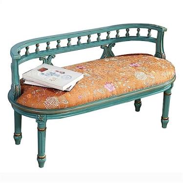 Imagem de CLoxks Banco verde antigo para ambientes internos e externos, banco de varanda de estilo rústico de 2 lugares com encosto e almofada, moldura de madeira retrô requintada para sofá, cadeira, móveis