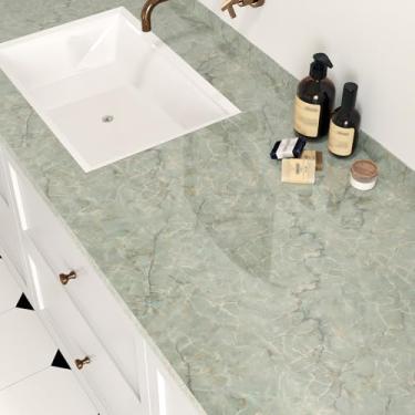 Imagem de Wallderful Papel de contato de mármore verde para bancadas à prova d'água papel de parede de mármore verde dourado descasque e cole papel de contato de granito brilhante para banheiro cozinha armários