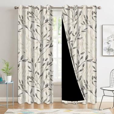 Imagem de Cortinas blackout country francesas de 213 cm de comprimento, 2 painéis (90% de bloqueio de luz, escurecimento da sala, isolamento térmico), cortinas de janela com estampa de folhas botânicas para