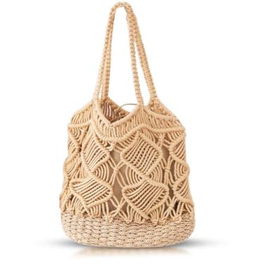 Imagem de QTKJ Bolsa feminina para praia, malha feita à mão, base de retalhos, de algodão, com forro de palha, bolsa para viagem de férias, combinação diária (Cáqui)