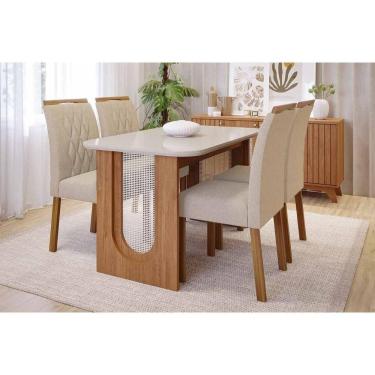 Imagem de Conjunto: Mesa de Cozinha Valentina Tampo Madeirado c/ Vidro 130x80cm e 4 Cadeiras Juliana Cinamomo/Off White - Carvalho/Suede Nude Bege - Cimol
