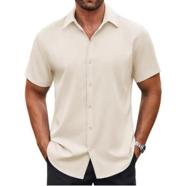 Imagem de Camisa masculina COOFANDY, manga curta, com botões, bege, 3G