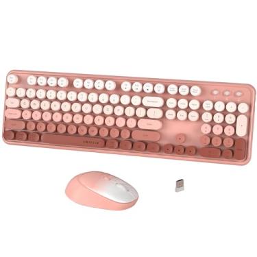 Imagem de FCPLU Combo de teclado e mouse sem fio xUBOTIE, teclado redondo colorido de 104 teclas, layout QWERTY, 2,4 GHz, botão liga/desliga, plug play para PC, laptop (pêssego)