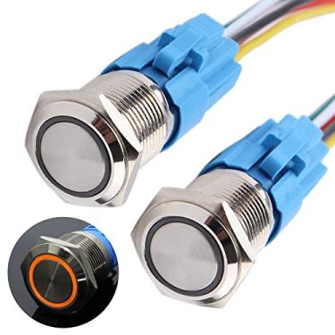 Imagem de DMWD 2 peças de interruptor de botão de travamento de 16 mm à prova d'água 12 V-24 V anel LED 1NO 1NC autotravamento liga/desliga metal redondo 5/20.3 cm orifício de montagem com plugue de soquete de