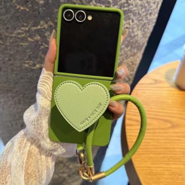 Imagem de Capa de celular com alça de pulso e suporte de coração para Samsung Z Flip6 ZFlip5 ZFlip4 3 capas de luxo, verde, para Samsung Z Flip 3