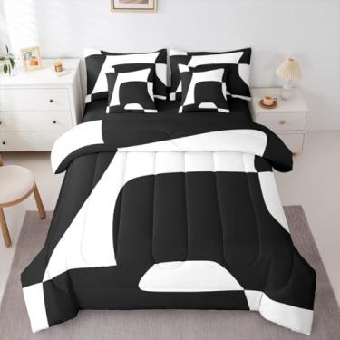 Imagem de Erosebridal Conjunto de edredom Queen abstrato preto e branco para adultos, mulheres, homens, boêmio, geométrico, listrado, geométrico, arte moderna, conjunto de cama de 7 peças, simples, estética