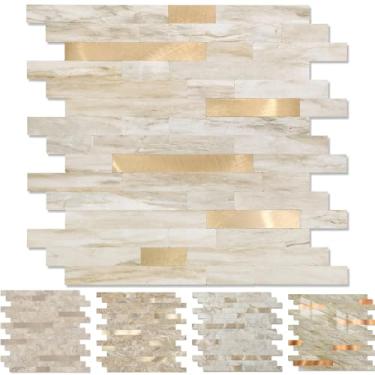 Imagem de Yipscazo 1 folha de revestimento de azulejo de metal para descascar e colar, cole em azulejos para cozinha, banheiro, lavanderia, acampamento, lareira (30,5 cm x 30,5 cm, pedra bege com ouro)