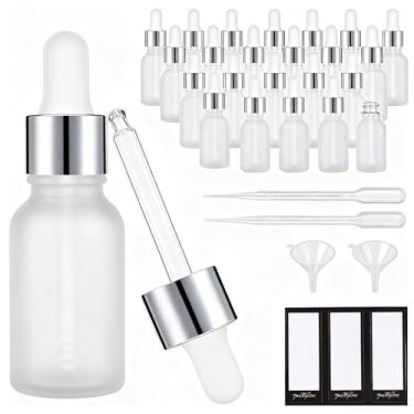 Imagem de PrettyCare 24 peças, frasco conta-gotas de 15 ml (frascos de vidro fosco de 15 ml com tampas prateadas, 2 pipetas medidas extras, 48 etiquetas, 2 frascos de tintura vazios de funis para óleos