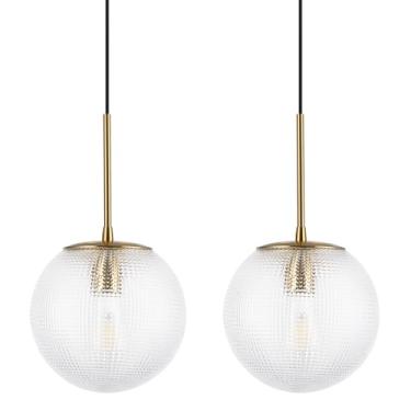 Imagem de FEAZAC Luminárias pendentes de globo de vidro, luzes de teto modernas de meados do século com altura ajustável, iluminação pendente de latão dourado para ilha de cozinha, corredor, sala de jantar