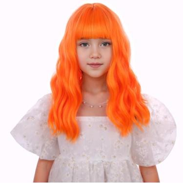 Imagem de Edivd Peruca infantil laranja brilhante curta laranja claro ondulado cacheado com franja de ar para meninas cabelo sintético resistente ao calor com touca