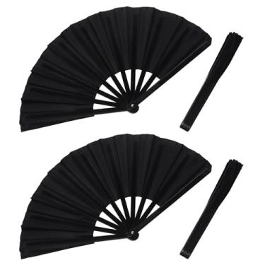 Imagem de verkelly Pacote com 2 ventiladores de mão grandes chineses dobráveis - elegantes leques de seda portáteis para dança, tai chi, kung fu, festivais e ocasiões especiais (preto)