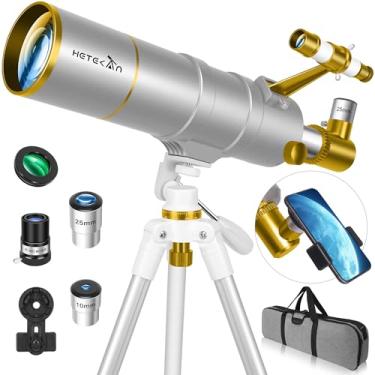 Imagem de HETEKAN Telescópio astronômico portátil para adultos e iniciantes, abertura de 90 mm e 550 mm com oculares de 25 mm e 10 mm, lente Barlow 3X, tripé ajustável, adaptador de telefone e bolsa de