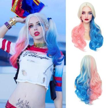 Imagem de Peruca YBYMCAI rosa azul longa ondulada 66cm sintética Cosplay