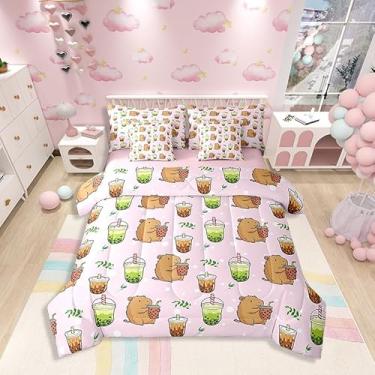 Imagem de Jogo de cama casal de desenho animado de capivara, chá com leite, sobremesa, 7 peças com edredom, lençol de cima, 2 fronhas, 2 fronhas, estilo kawaii japonês