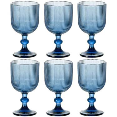 Imagem de Taganov Copos Azuis Taças de Água Potável Conjunto de 6 Copos Grandes Vintage Copos de Vinho Coloridos 368.5 g para Festa de Casamento Bar Linha Vertical em Relevo Padrão Copos Hastes 400ml