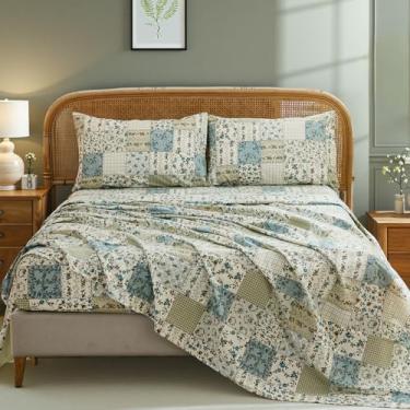 Imagem de Cozaline Jogo de lençóis de patchwork floral Shabby Chic King Size, lençóis refrescantes com uma sensação suave de algodão percal leve, 4 peças de lençol com elástico profundo macio de 43 cm