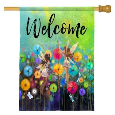 Imagem de Bandeira de jardim de boas-vindas 71 x 101 cm ao ar livre verão primavera flores de fada libélula floral mini bandeira de quintal bandeiras de casa sinal de casa de fazenda dupla face para decoração